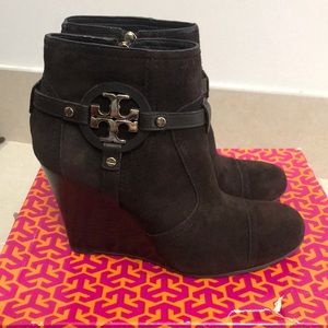 Tory Burch brown suede wedge booties